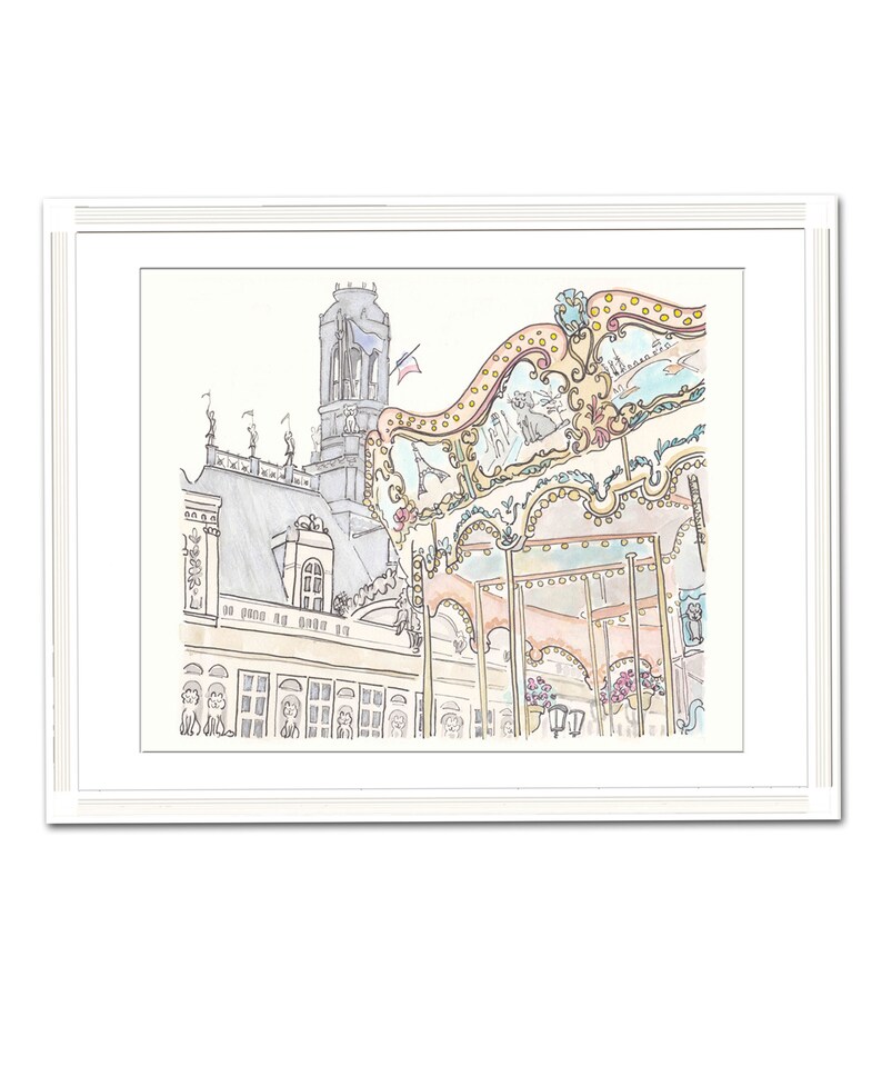 French Carousel Wall Art Hotel De Ville Paris Illustration Print Paris ...