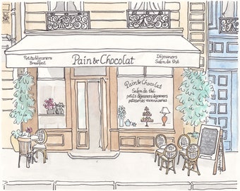 Paris Cafe print Tea Salon wall art - Pain et Chocolat - French wall art print giclee