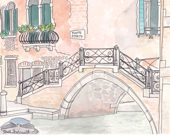 Italy painting Venice Ponte Storto Bridge Canal Buildings - Italian decor