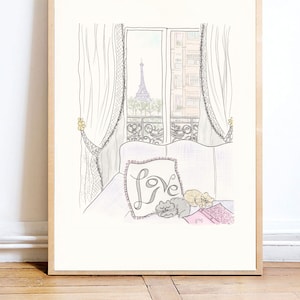 Love Cats in Paris print with Eiffel Tower View French wall art Paris nursery print image 2