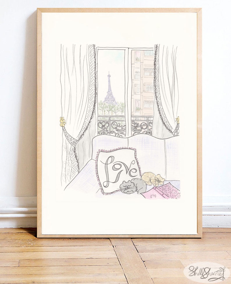 Love Cats in Paris print with Eiffel Tower View French wall art Paris nursery print image 2