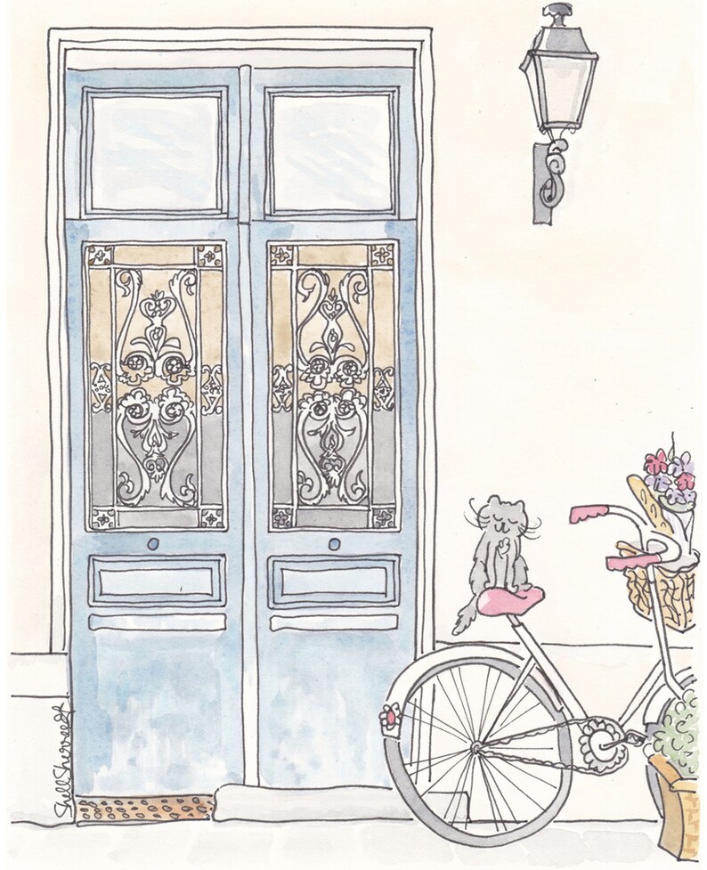 French Blue Doors and Bicycle with Sweet Cat art print Tour de Kitty Paris doors wall art image 1