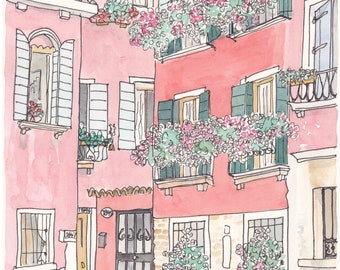 Italy Venice painting Flowery Villas in Watermelon wall art print - architectural wall art