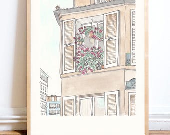 French Flowery Building Paris print illustration - French wall art