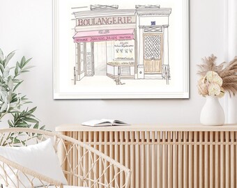 Paris Bakery Patisserie Print with Pink Red Awning: French Boulangerie wall art