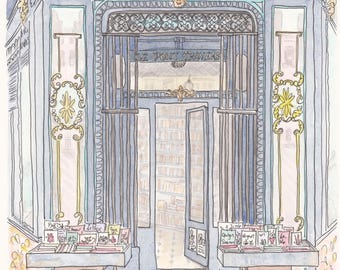 French Book Store watercolor print Blue - Paris art, book lovers