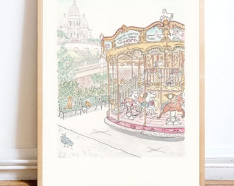 Paris Carousel Art Print: Montmartre Sacré-Cœur, French Wall Art
