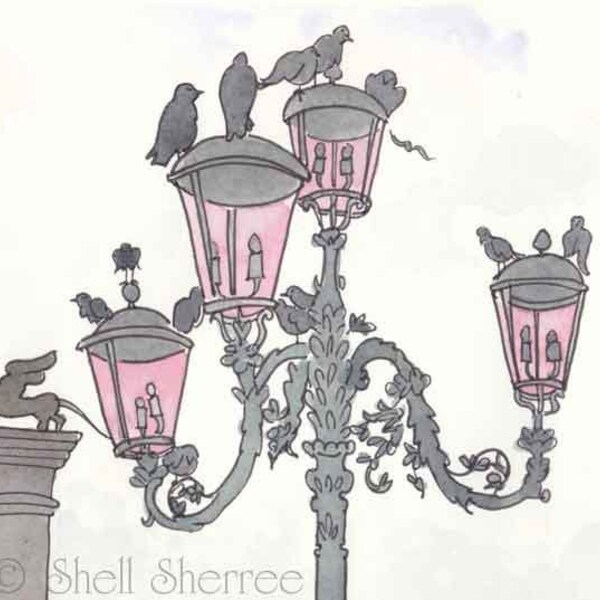 Pink Streetlight Venice with Pigeons Silhouette - giclee print of original Venice illustration