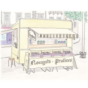 Paris Patisserie Print - Butter Yellow Nougat Crepes Cart French wall art decor - Kitchen art