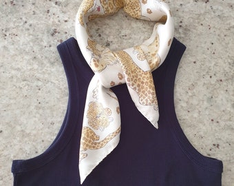 Leopard Square Silk Scarf rare and special for neck and hair, pure Italian silk twill, silk bandana, gifts for her