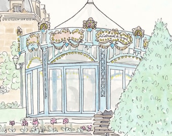 Paris Carousel Art Print: French Illustration, park garden setting