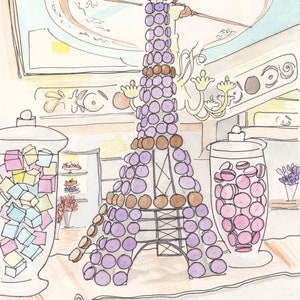 eiffel tower wall art decor - macarons shaped in eiffel tower and sweets in pretty paris patisserie - illustration by shell sherree