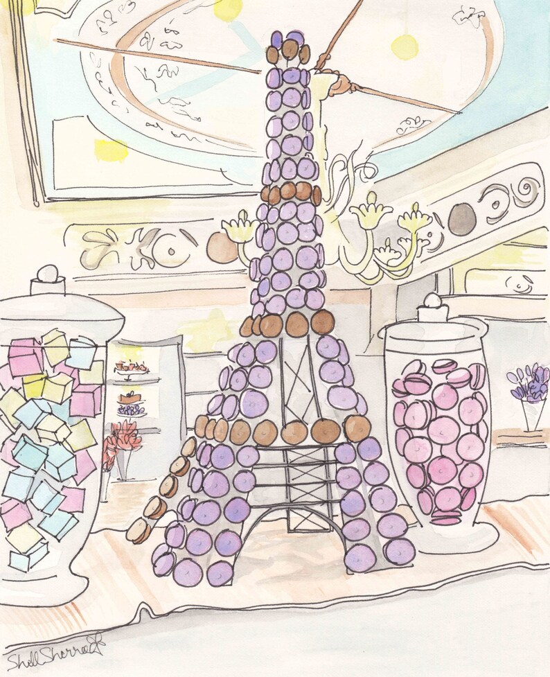 eiffel tower wall art decor - macarons shaped in eiffel tower and sweets in pretty paris patisserie - illustration by shell sherree