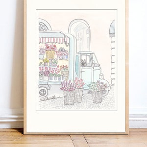 flower van, flower truck french italian with cute dog and cat illustration by shell sherree - example in large frame