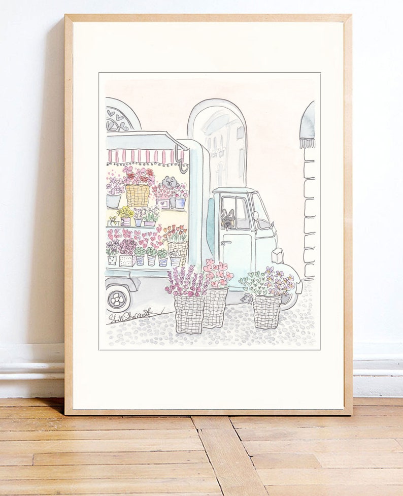 flower van, flower truck french italian with cute dog and cat illustration by shell sherree - example in large frame