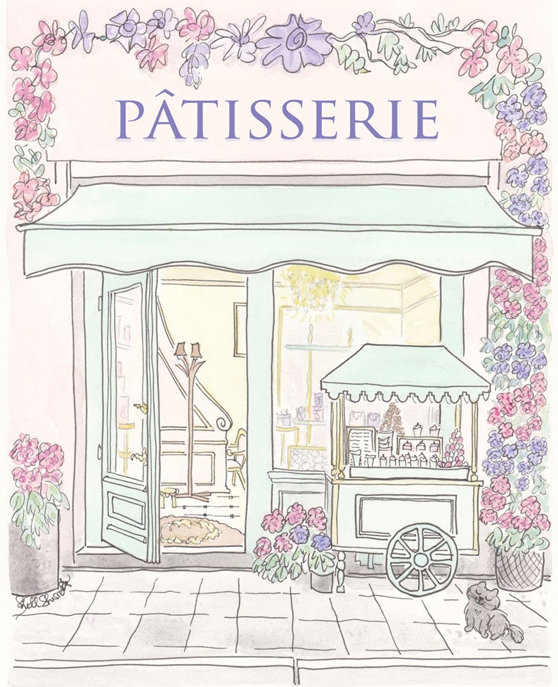 Patisserie Paris art print French Patisserie Flowering with Cart and Cat illustration image 1