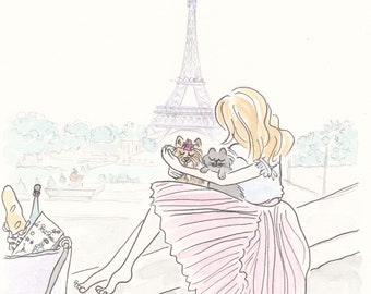 Eiffel Tower Art Print: Fashion Girl with Cat & Dog
