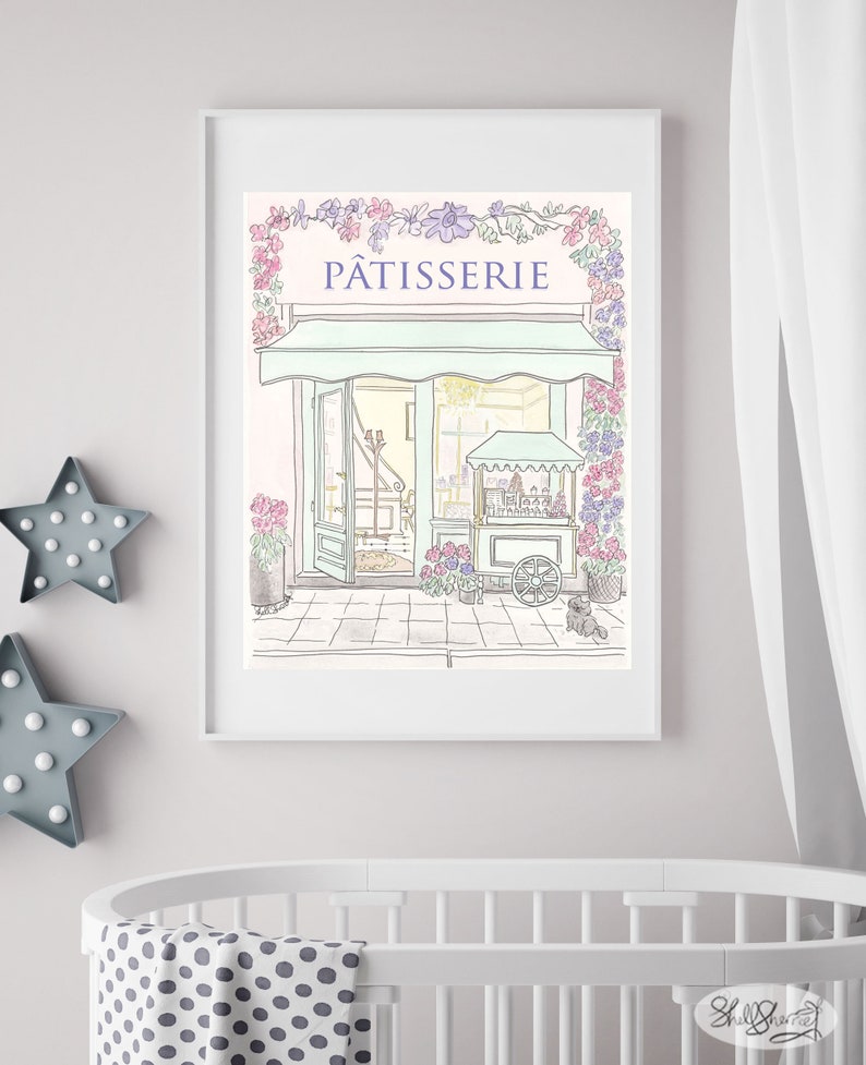 Patisserie Paris art print French Patisserie Flowering with Cart and Cat illustration image 4