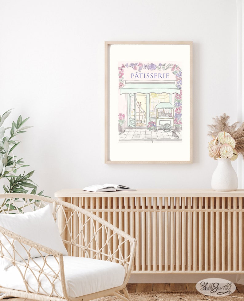 french patisserie wall art, paris print by shellsherree - illustration of paris patisserie with pastel colours