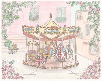 French Carousel Nursery Art Print: Travel Theme with Pony, Spaceship, Hot Air Balloon