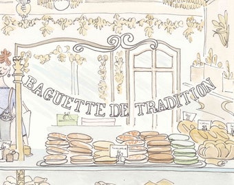 French Bakery Paris Print: Patisserie watercolor and ink illustration