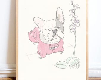 French Bulldog Art Print: Ink & Watercolor Dog and Flower Illustration