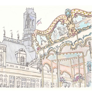 French Carousel Wall Art Hotel de Ville Paris illustration print - Paris carousel print