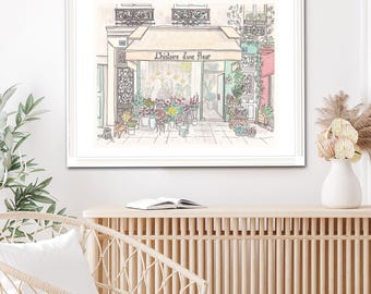 French Flower Shop wall art print of ink and watercolor, Paris scenery