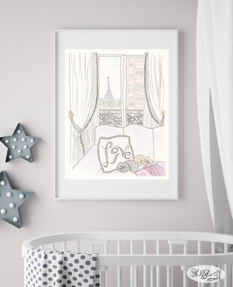 Love Cats in Paris print with Eiffel Tower View French wall art Paris nursery print image 3