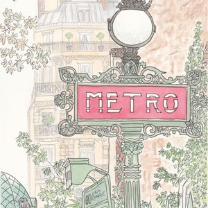 Paris Metro Sign print with Buildings and Greenery - French wall art architecture