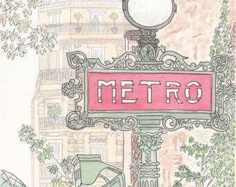 Paris Metro Sign print with Buildings and Greenery - French wall art architecture