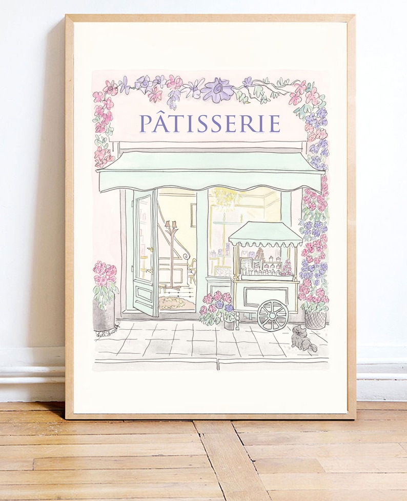 Patisserie Paris art print French Patisserie Flowering with Cart and Cat illustration image 2