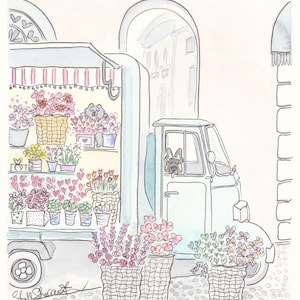 flower van, flower truck french italian with cute dog and cat illustration by shell sherree