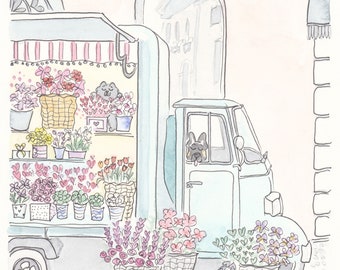 French Flower Truck Art Print – Dog and Cat Illustration