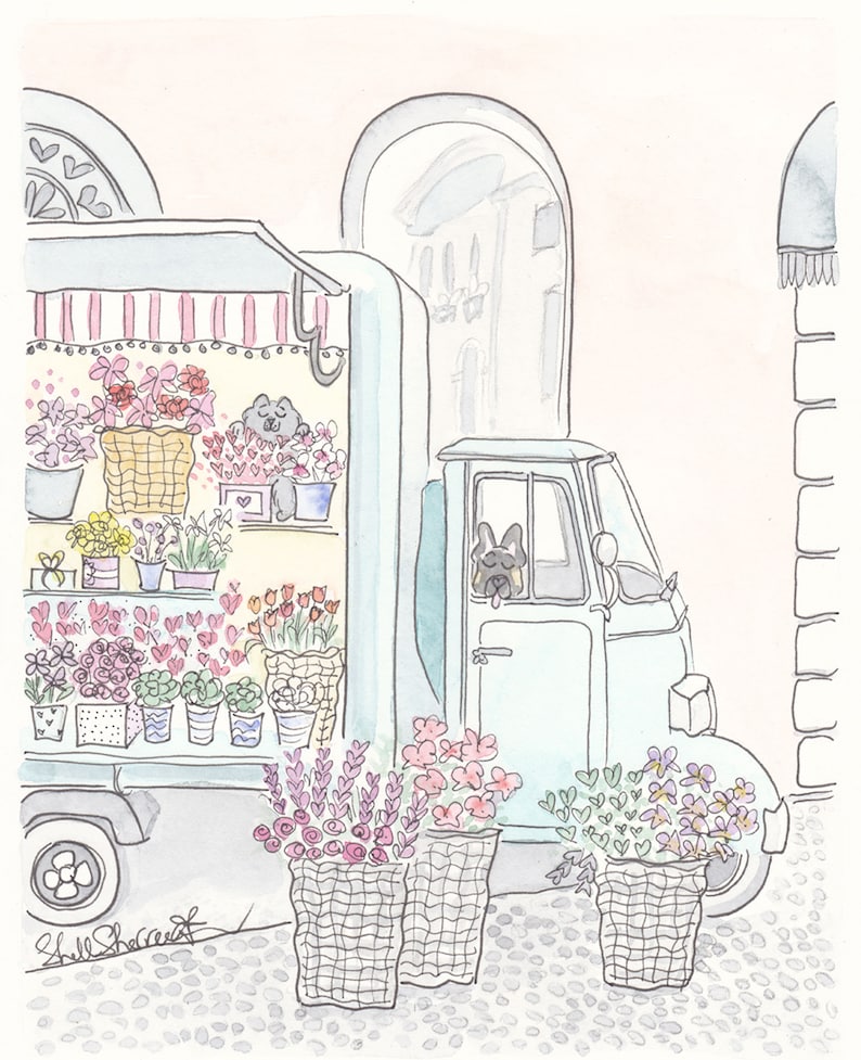 flower van, flower truck french italian with cute dog and cat illustration by shell sherree