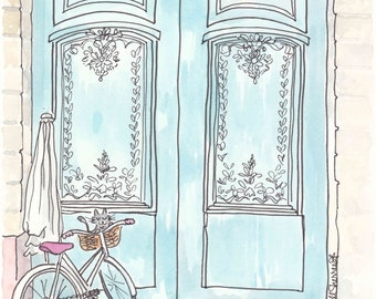 Paris Doors Print: Bicycle with Cat, Aqua Blue Watercolor Illustration