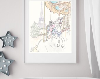 Paris Carousel Art Print: French Bulldog, Cat, Eiffel Tower Giclée