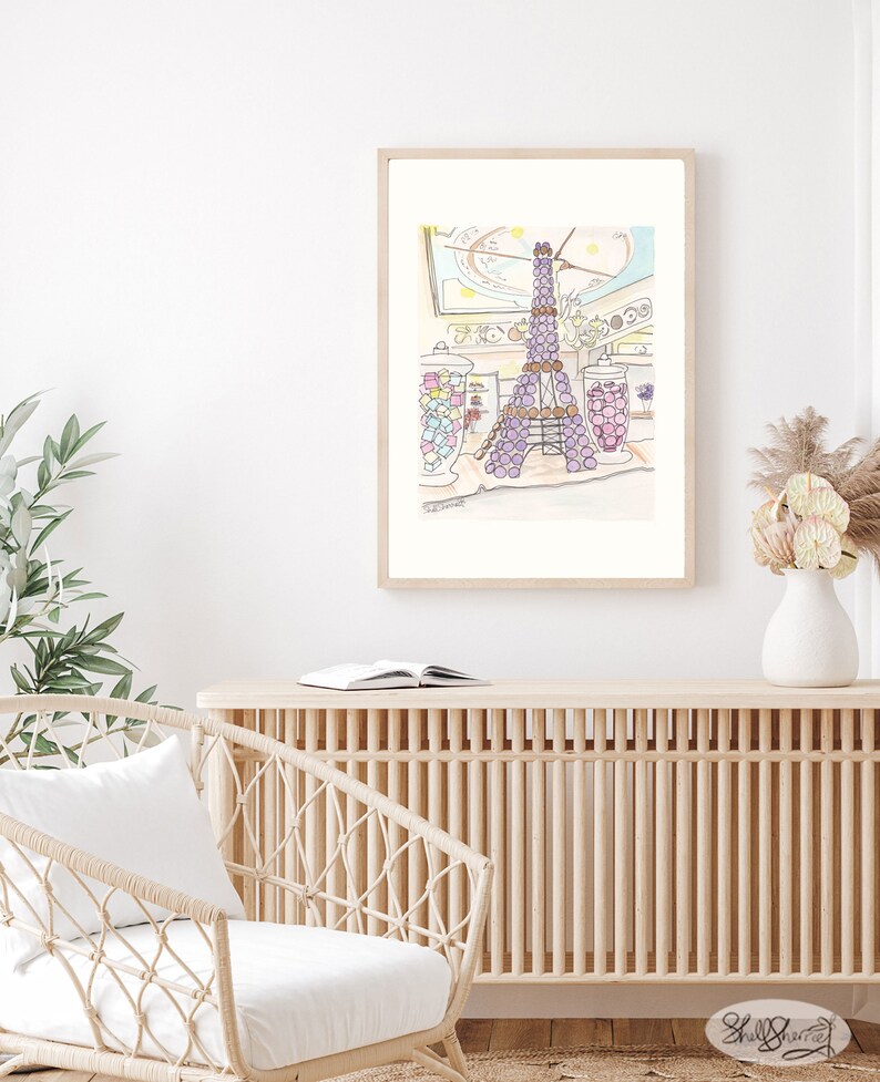 eiffel tower wall art decor - macarons in eiffel tower shape in french patisserie in paris - illustration shell sherree