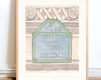 Paris Rue Du Croissant Street Sign Art Print – Ink Watercolor Illustration