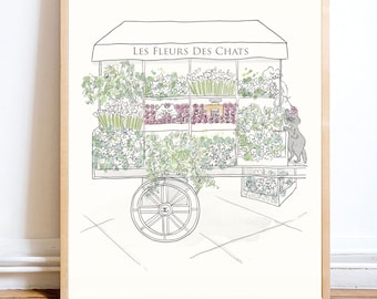May include: A black and white line drawing of a flower cart with the text "Les Fleurs Des Chats" on the awning. The cart is filled with flowers and a cat is standing next to it.