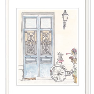 French blue doors with ornate iron and sweet cat on bicycle illustration by shell sherree - white frame and mat example