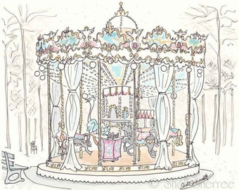 Paris Carousel Art Print: Jardins des Tuileries, French Illustration
