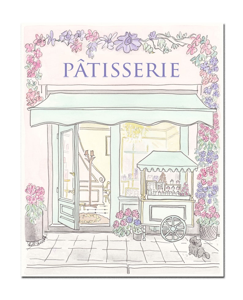 Patisserie Paris art print French Patisserie Flowering with Cart and Cat illustration image 5