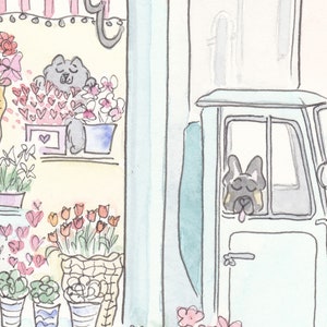 flower van, flower truck french italian with cute dog and cat illustration by shell sherree - close up