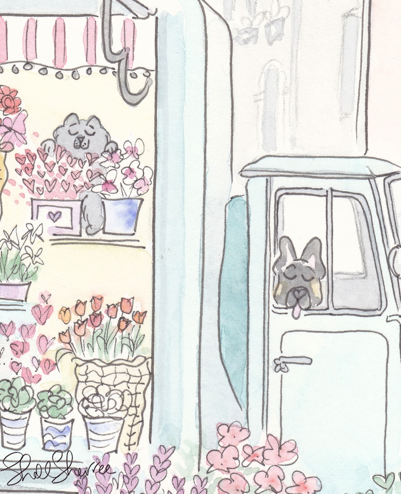 flower van, flower truck french italian with cute dog and cat illustration by shell sherree - close up