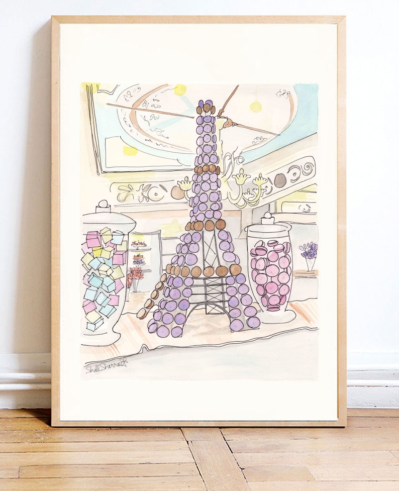 Eiffel tower wall art - Eiffel Tower of macarons and Paris sweets in Stohrer Patisserie illustration by shell sherree