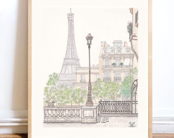 Eiffel Tower Paris wall art print illustration with architecture and French decor vibe