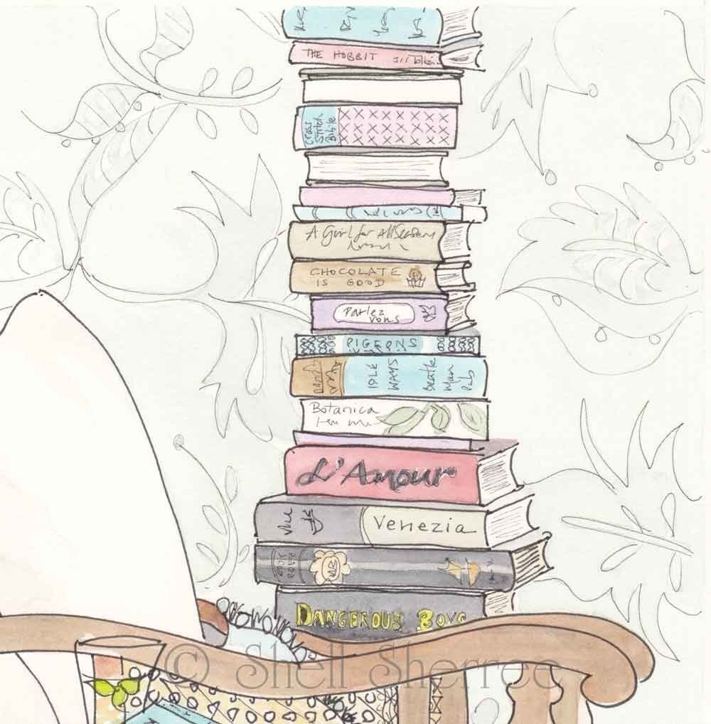 Book Lovers Wall Art Print Stack of Light Reading Illustration, Library ...