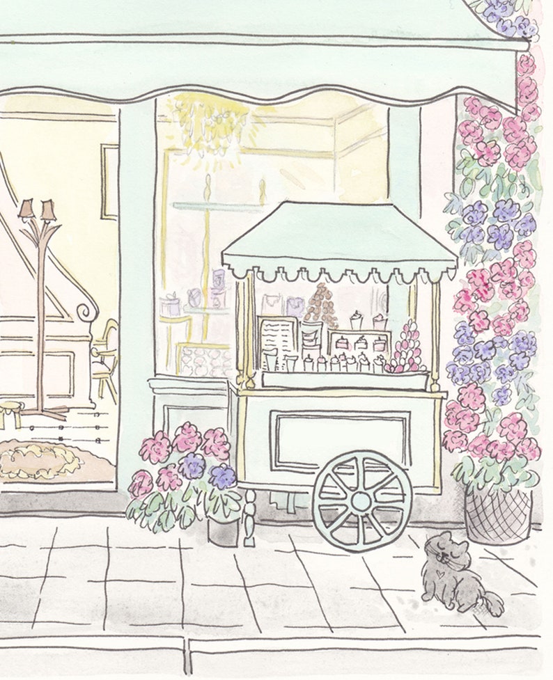 Patisserie Paris art print French Patisserie Flowering with Cart and Cat illustration image 6