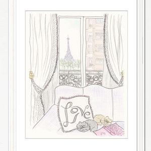 french wall art paris apartment Love cats with eiffel tower view illustration by shell sherree